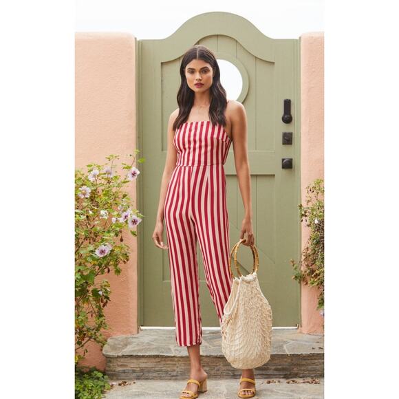Flynn Skye Jumper One Piece Size Small Red Cream Stripe 7/8 Leg Tie Back - Picture 1 of 5